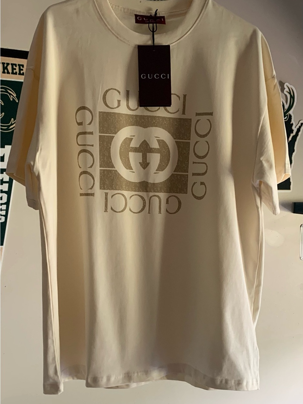 Gucci Cream Short Sleeve Logo T-Shirt with Metallic Print